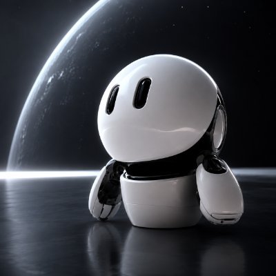 GrokBot, a glossy white and black robot artifact floating in space
